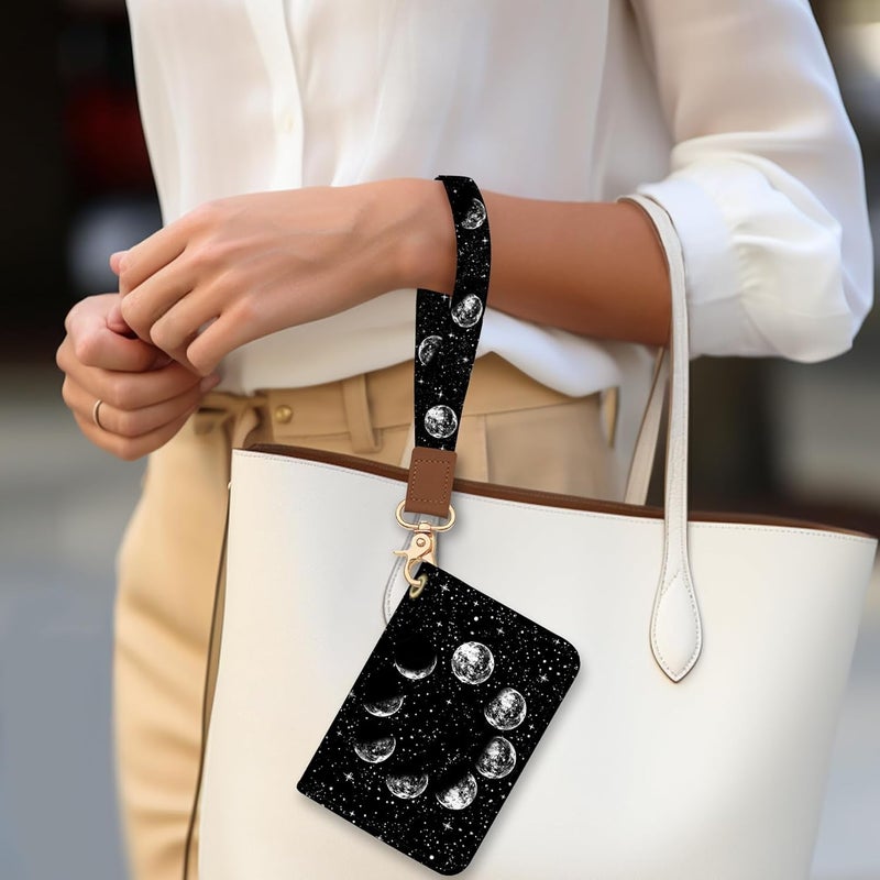 Blusabaca Credit Card Holder for Women, Moon Small RFID Blocking Wallet with Wristlet Strap, Keychain Zipper Women Wallet, Leather Card Case, Card Wallet Purse with Key Lanyard - Image 3